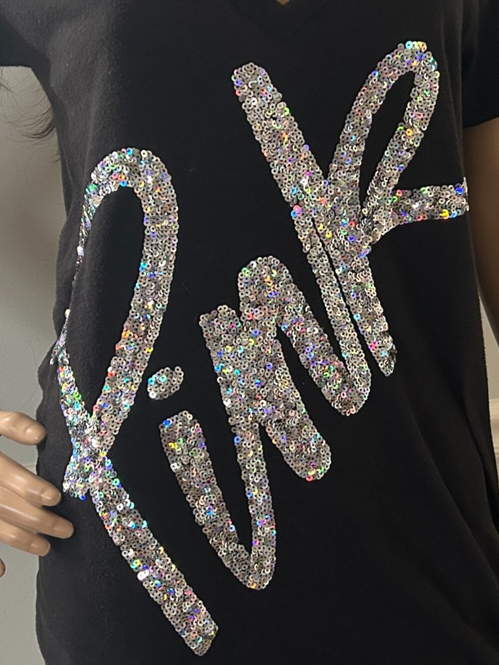 Pink Victoria's Secret Sequin Logo Bling Black T-Shirt Size L 2013